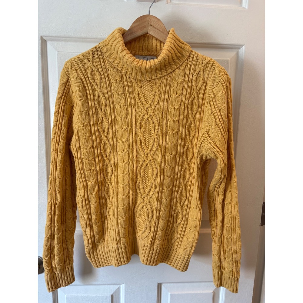 Pria Mustard Yellow Cable Knit Turtleneck Sweater 100% Cotton Large